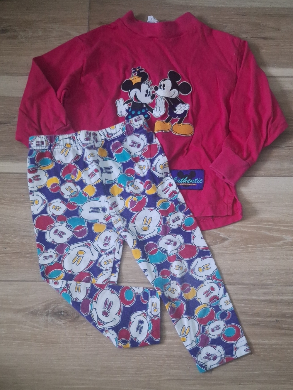 Vintage Disney Red Mickey & Minnie Kids Pajama Set with Colorful Print Pants 2T